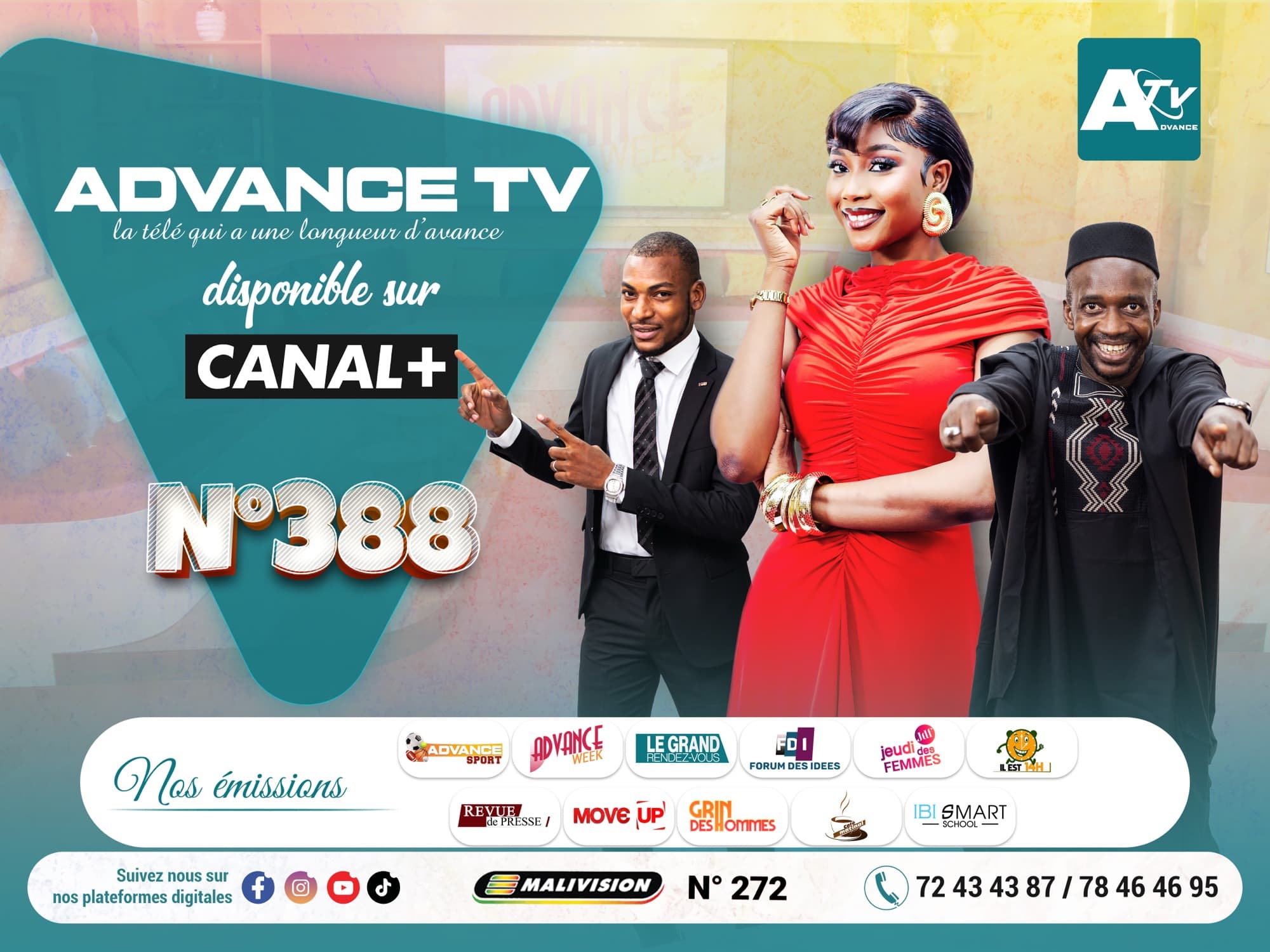 Affiche promotionnelle « Advance TV disponible sur CANAL+ N°388 », avec les présentateurs de la chaîne et ses principales émissions