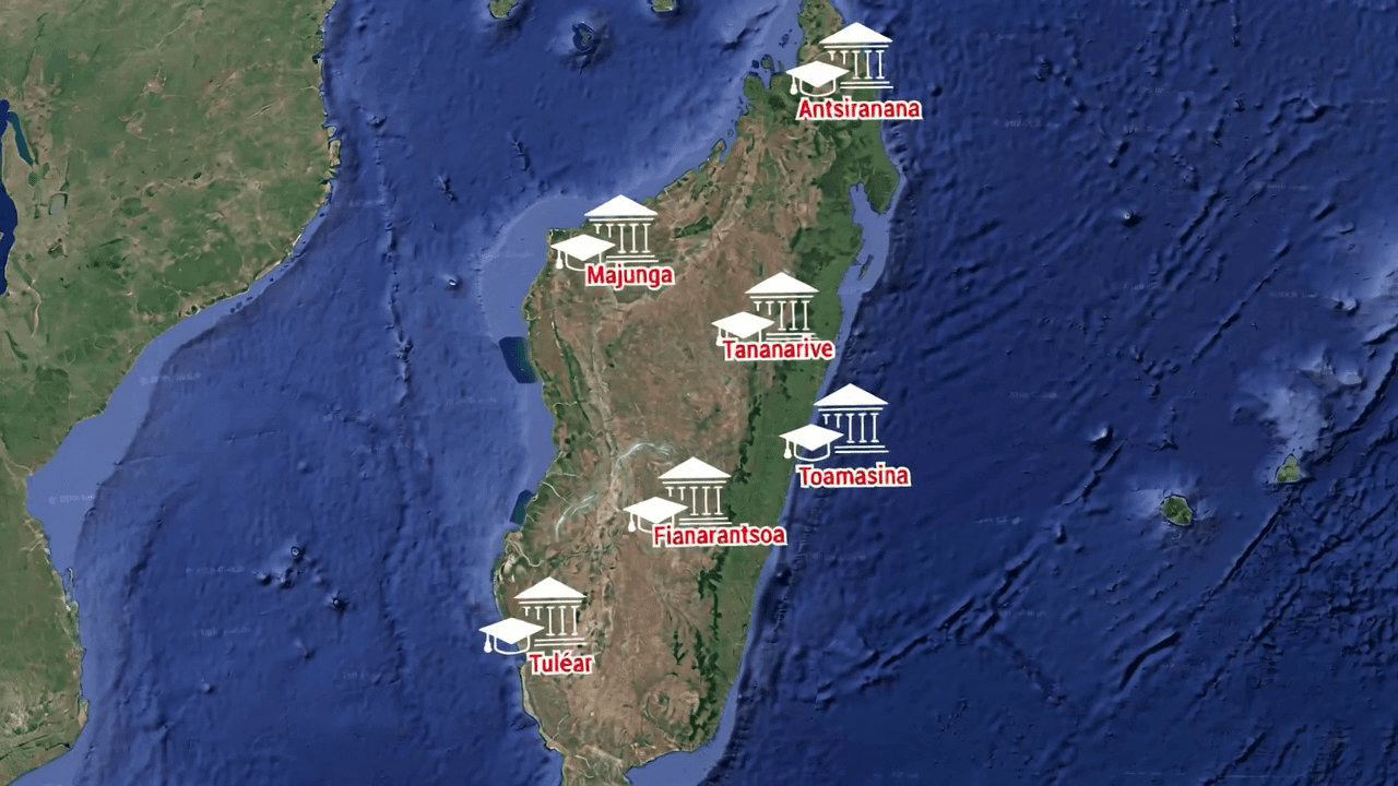 Carte d'implantation des 6 pôles universitaires à Madagascar : Antsiranana, Majunga, Tananarive, Toamasina, Fianarantsoa, Tuléar